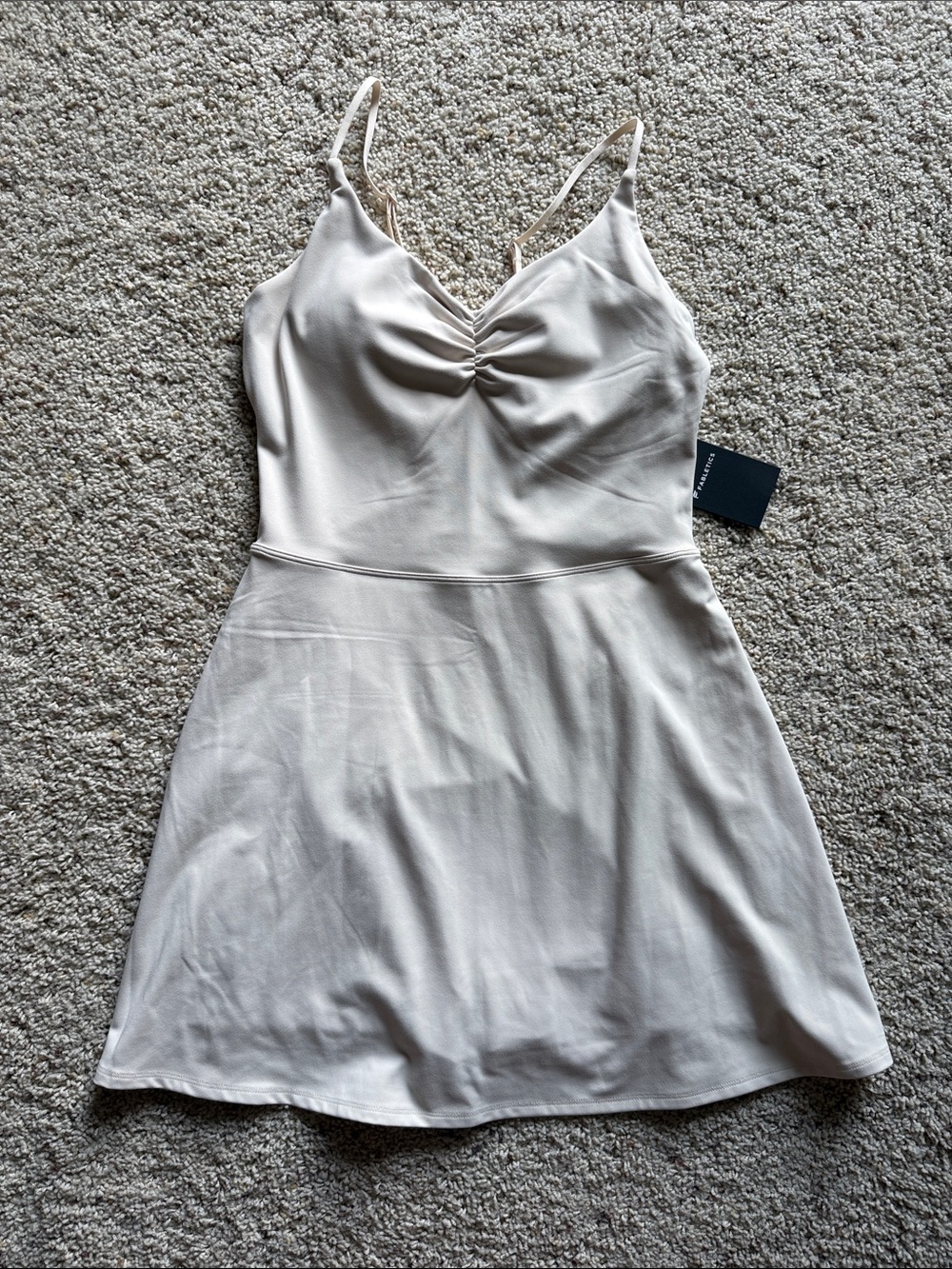 Fabletics Cream Spaghetti-Strap Ruched V-Neck Mini Dress
